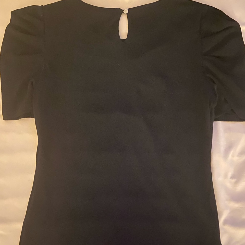 Solid Crepe De Chine Mock Neck Short Puffed Elbow Sleeve Blouse